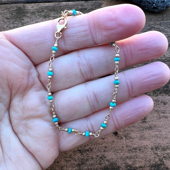 Handmade Natural Arizona Turquoise Bracelet Handcrafted 14k Yellow Gold Filled - Picture 6 of 10